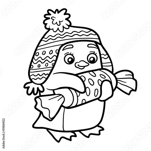 Coloring book, penguin with christmas gift