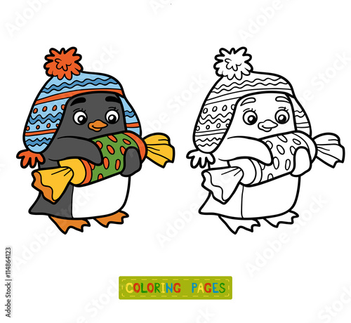 Coloring book, penguin with christmas gift