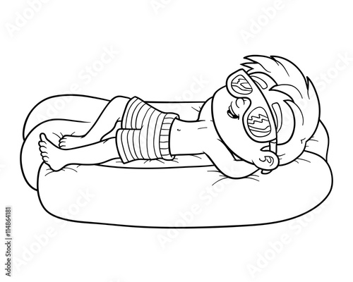 Coloring book. Boy on lying inflatable mattress