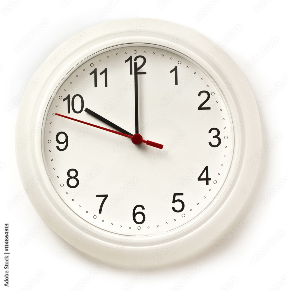 Typical office white clock with hands pointing at 10 Typical office white clock with hands pointing at 10