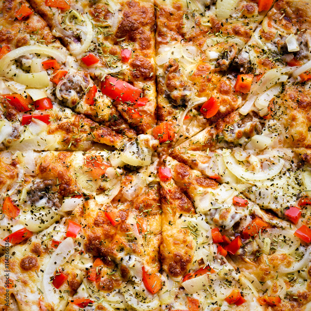 Italian pizza with sausage, red peppers and cheese mozzarella, onion, rosemary and basil
