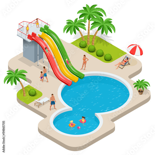 Summer fun at aqua park. Child with parents on water slide at aquapark. Summer holiday. Flat 3d vector isometric illustration.