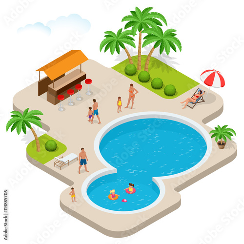 Summer fun at aqua park. Child with parents on water slide at aquapark. Summer holiday. Flat 3d vector isometric illustration.