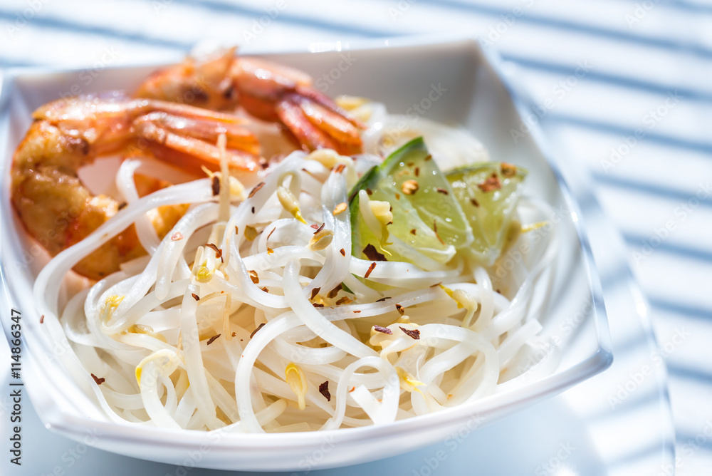 Rice noodles with shrimps and bean sprouts Rice noodles with shrimps and bean sprouts