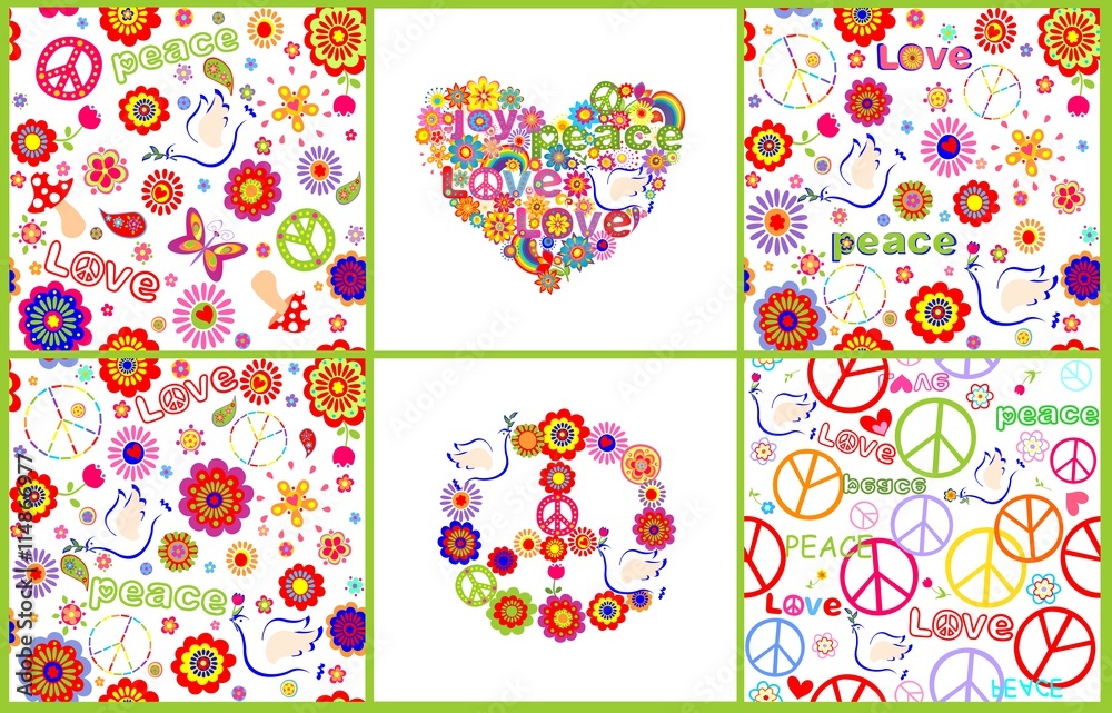 Set of wallpaper with colorful abstract flowers, hippie symbolic, mushrooms and doves