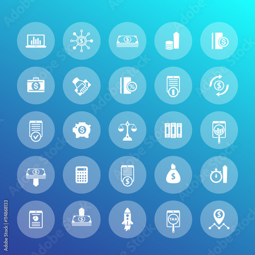25 finance icons, investing, capital, shares, investor, portfolio, funds, investment, income, vector illustration