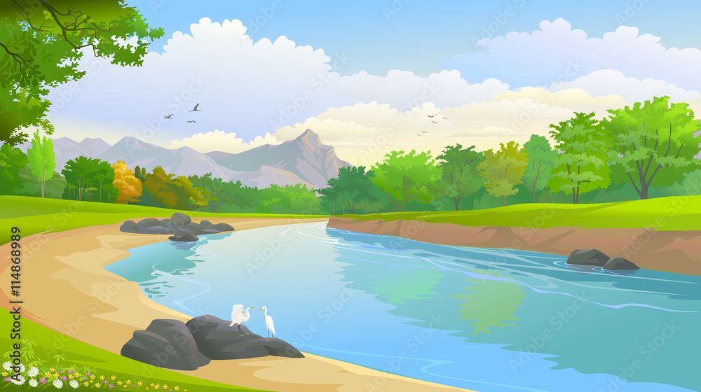 A couple of lovely egrets by a beautiful blue river 