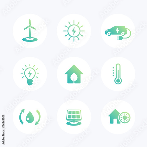 Green ecologic house, ecofriendly, energy saving technologies modern icons set
