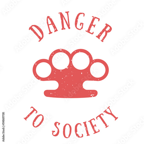 t-shirt print with knuckles, danger to society, red on white, vector illustration