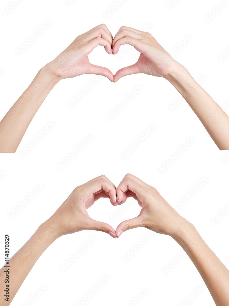 Obraz premium Woman's hands shaping a heart symbol front and back side, Isolated on white background.