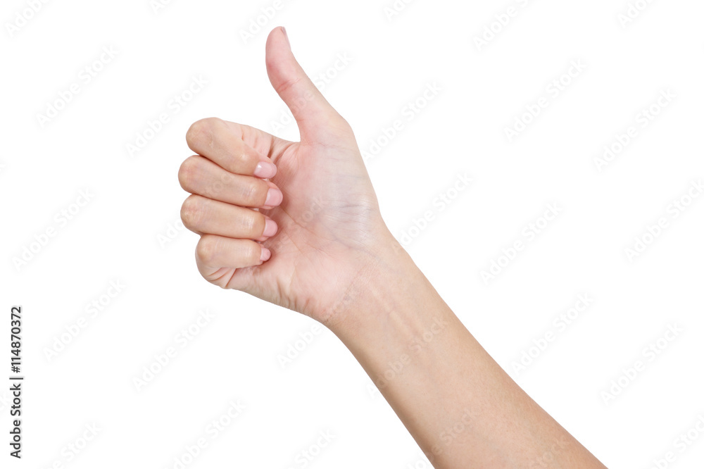 Woman's hand gesturing sign thumbs up front side, Isolated on white background. Woman's hand gesturing sign thumbs up front side, Isolated on white background.