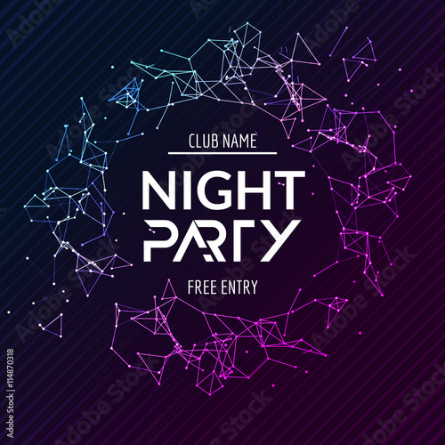 Night Party poster. Shiny banner club disco. Dj dance summer invitation