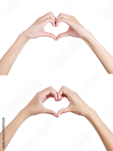 Woman s hands shaping a heart symbol front and back side  Isolated on white background.