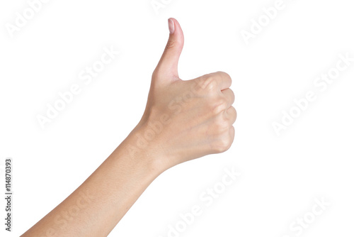 Woman's hand gesturing sign thumbs up back side, Isolated on white background. © kintarapong
