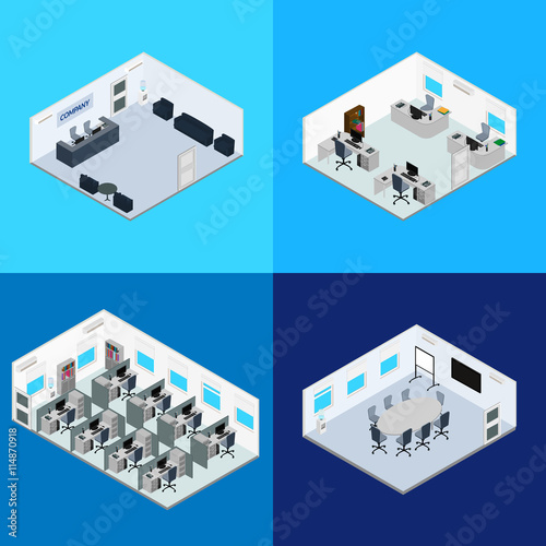 vector illustration. The interior of the office - reception, conference room, open office space, room managers. Isometric, infographics, 3D