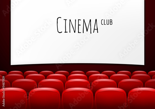 Movie theater with row of red seats. Premiere event template. Super Show design. Presentation concept with place for text