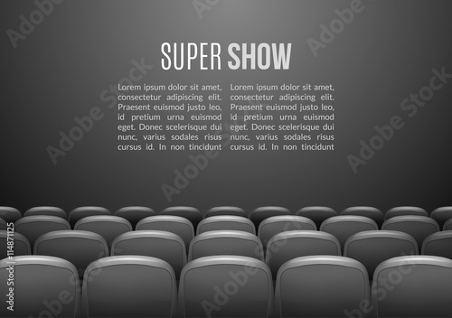 Movie theater with row of gray seats. Premiere event template. Super Show design. Presentation concept with place for text