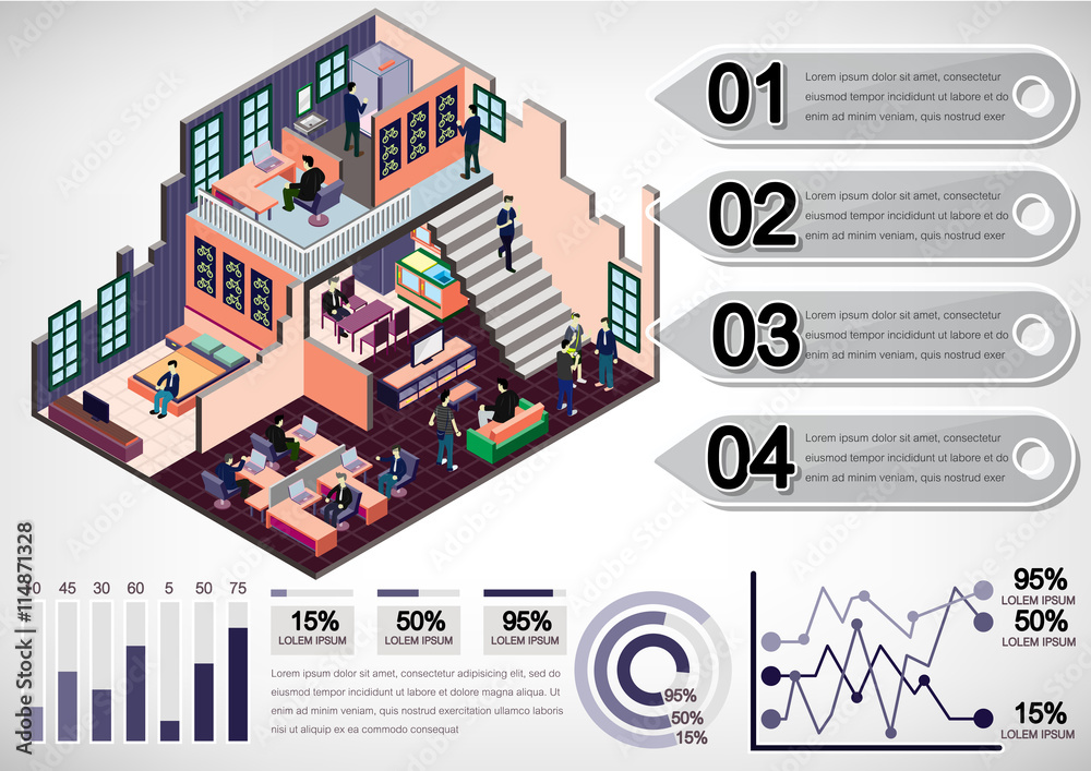 Obraz premium illustration of info graphic interior room concept in isometric graphic
