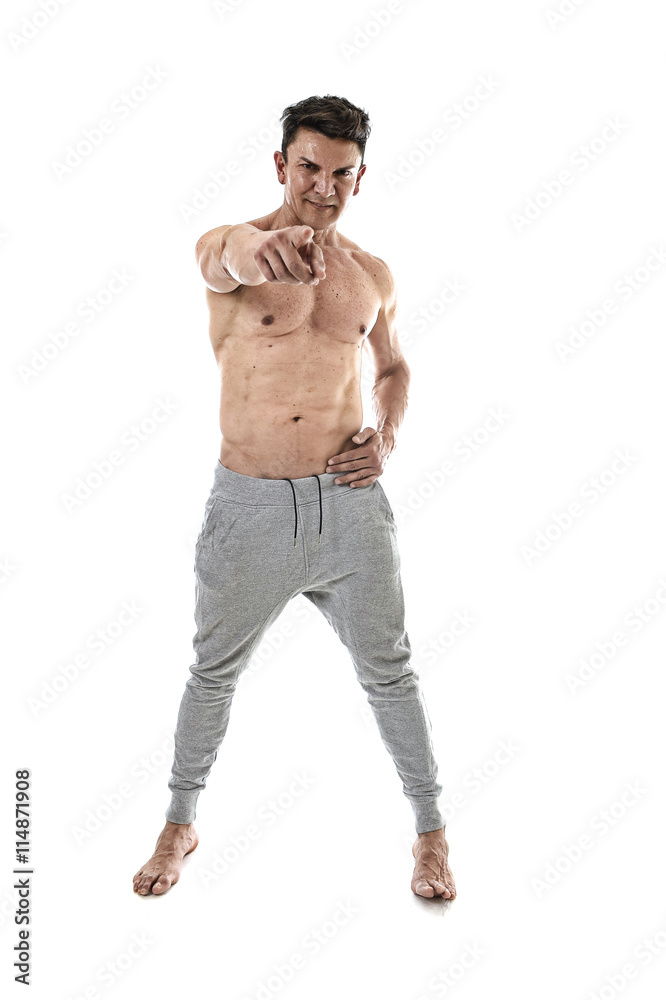 Fototapeta premium 40s hispanic sport man and bodybuilder posing happy with strong naked torso showing fit muscular body