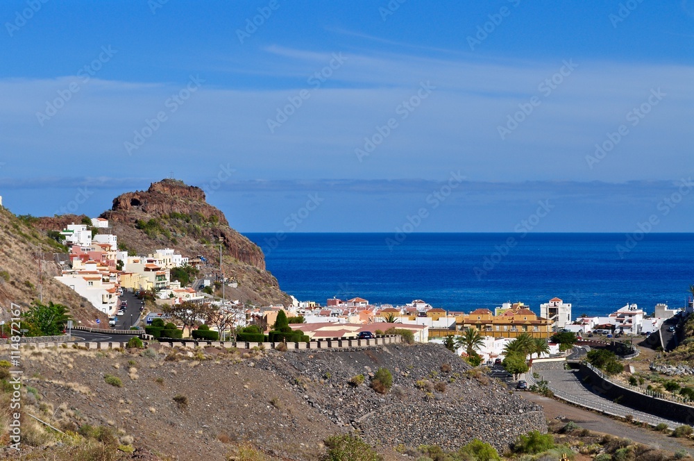 Blick auf die Stadt Playa Santiago und das Meer,  atlantischer Ozean auf der Insel La Gomera