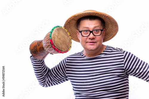 Old year singer dress like sailor with drum on white background