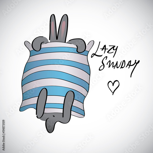 Lazy SUNDAY / Adorable card with tired RABBIT under striped duvet 