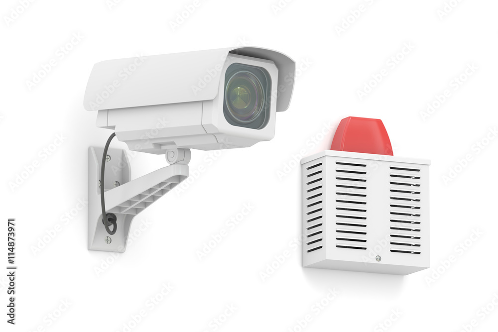 Security surveillance camera with outdoor alarm siren , 3D rende