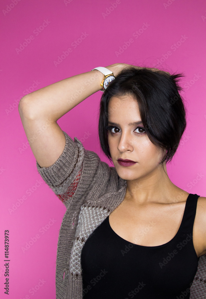 Beautiful girl on a pink background Beautiful girl on a pink background