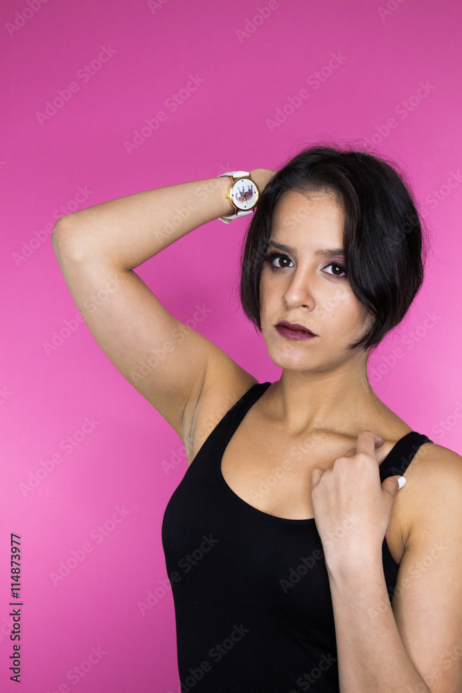 Beautiful girl on a pink background Beautiful girl on a pink background