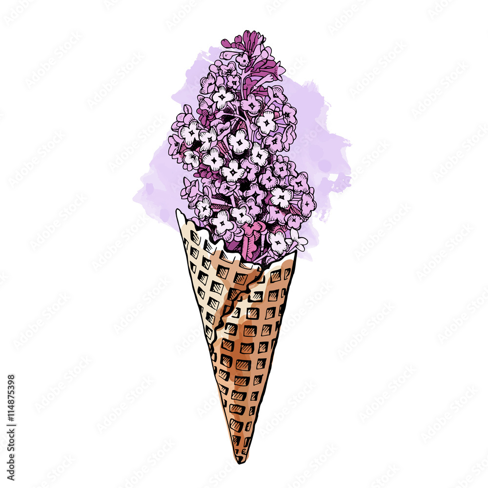 Poster with image of a Ice Cream cone and a lilac. Vector illustration.