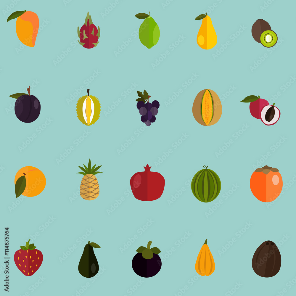 Set of twenty color flat fruits icons Set of twenty color flat fruits icons