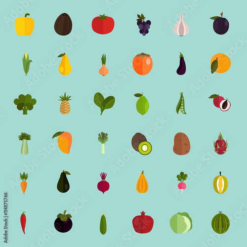 Fototapeta Naklejka Na Ścianę i Meble -  Set of forty color flat fruits and vegetables icons