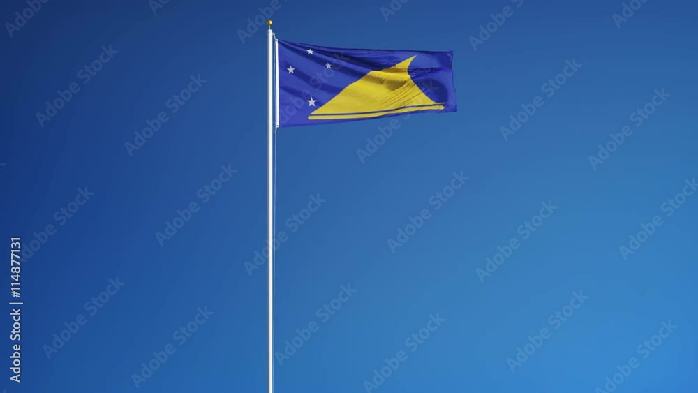 Tokelau flag waving in slow motion against clean blue sky, seamlessly looped, long shot, isolated on alpha channel with black and white luminance matte, perfect for film, news, digital composition Tokelau flag waving in slow motion against clean blue sky, seamlessly looped, long shot, isolated on alpha channel with black and white luminance matte, perfect for film, news, digital composition