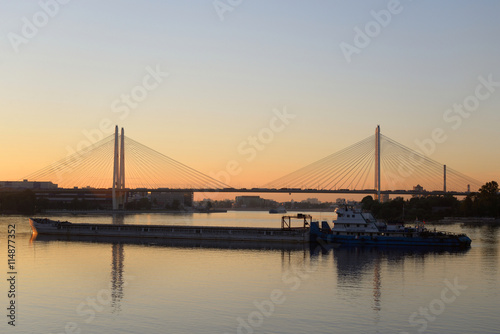 Cable stayed bridge and Neva river.