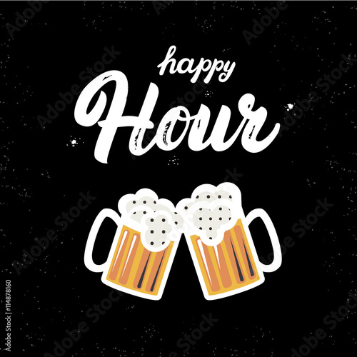 Happy hour hand written lettering quote with glasses of beer. Isolated on black background. Brush and grunge texture. Vector illustration.