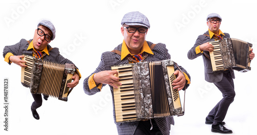 Canvas Print Colage of old male showman singer artist with music instruments on white