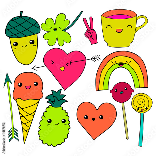 cute hand drawn neon doodle collection vector illustration coffee, arrow, ice cream, heart, rainbow, clover, love, acorn, lollipop candy pineapple isolated on white background for embroidery patches