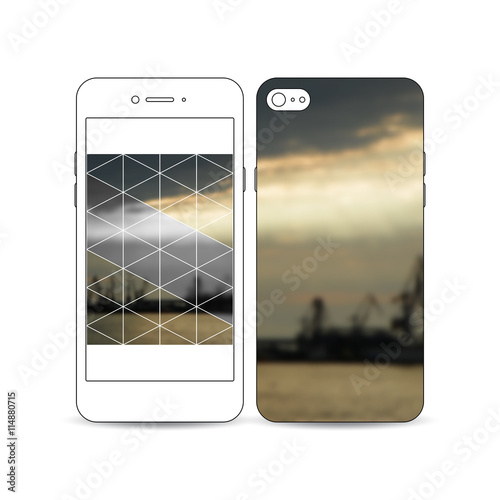 Mobile smartphone with an example of the screen and cover design. Colorful polygonal background, seaport landscape, modern stylish triangular vector texture