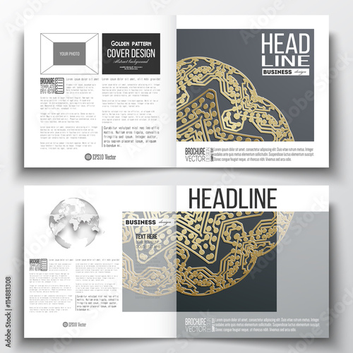 Set of annual report business templates for brochure, magazine, flyer or booklet. Golden microchip pattern on dark background, mandala with connecting dots and lines, connection structure. Digital