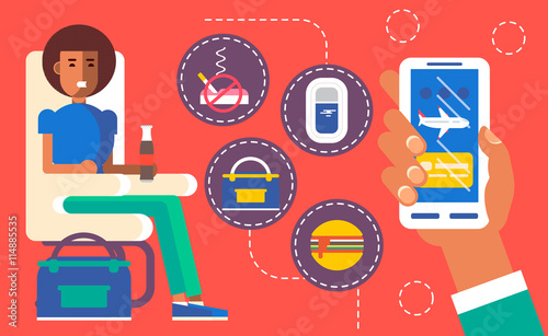Cool vector concept design on choosing airplane cabin seat and flight conditions using mobile device or web application featuring cabin seat, mobile device in hand with airplane on screen. 