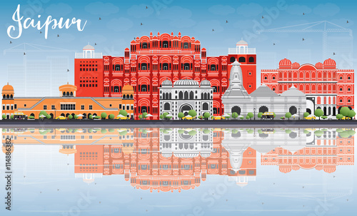 Jaipur Skyline with Color Landmarks, Blue Sky and Reflections. photo
