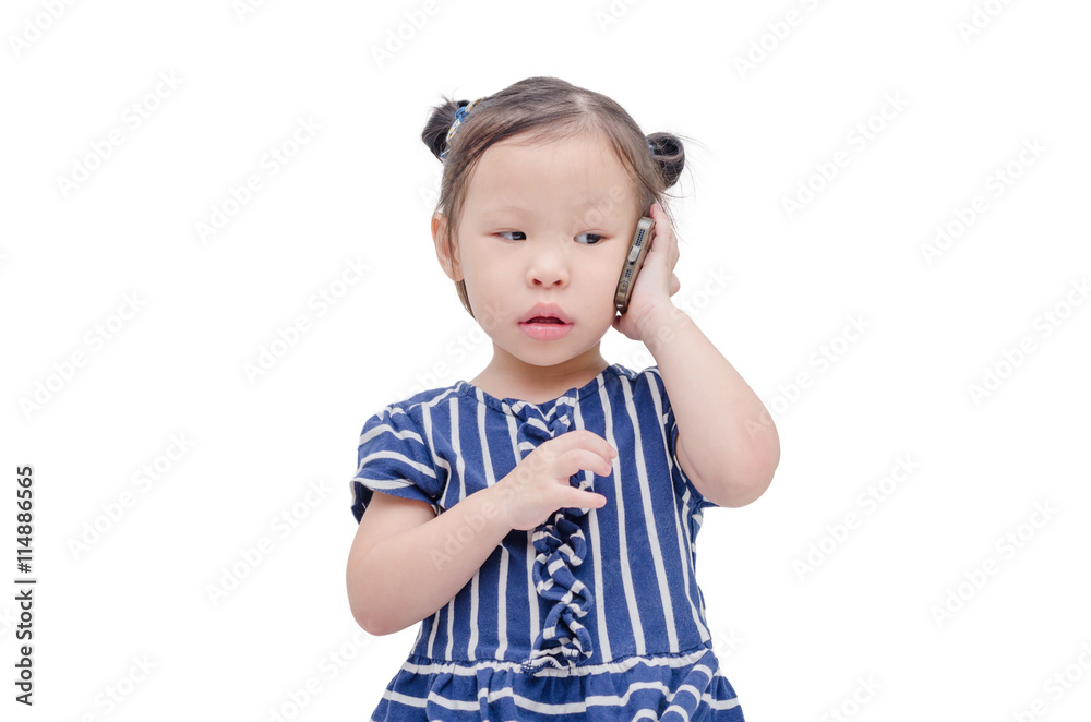 Little asian girl talking on cellphone isolated over white Little asian girl talking on cellphone isolated over white