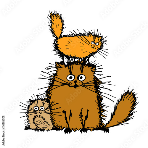 Fluffy cats family, sketch for your design