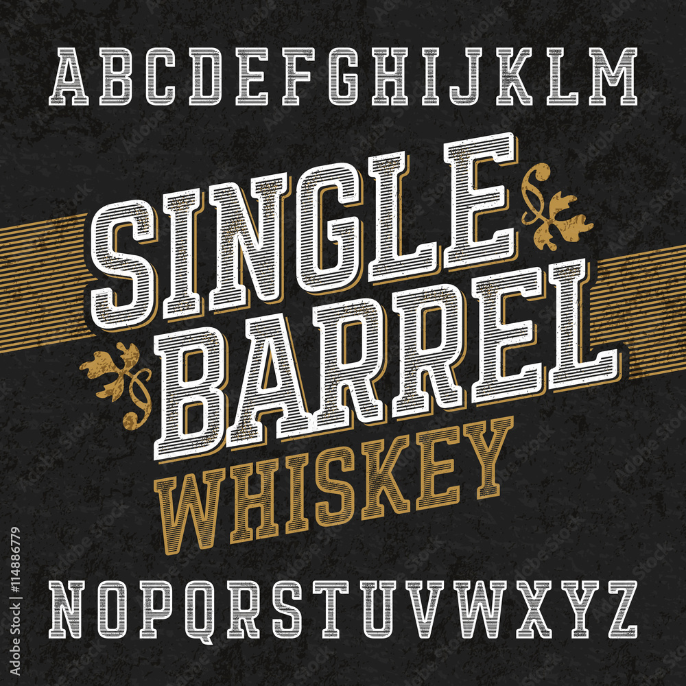Single barrel whiskey label font with sample design. Ideal for any