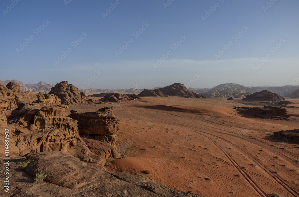 Fototapeta premium View of Nature, desert and rocks of Wadi Rum (Valley of the Moon) from sand dune, Jordan. UNESCO World Heritage.