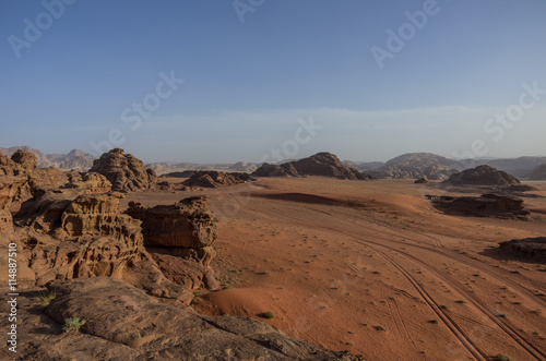 View of Nature, desert and rocks of Wadi Rum (Valley of the Moon) from sand dune, Jordan. UNESCO World Heritage.