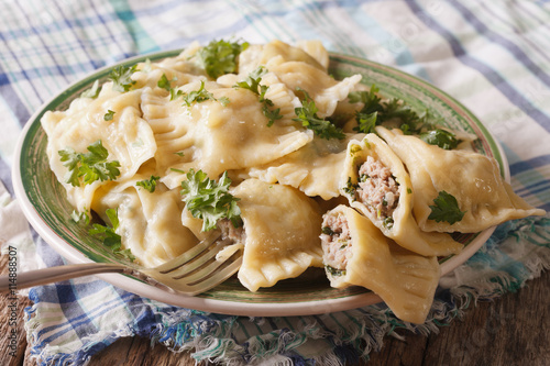 German ravioli Maultaschen with spinach and meat close up. horizontal 