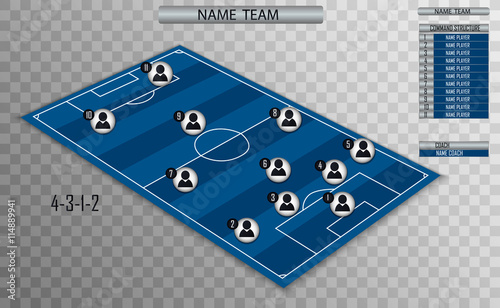 Vector soccer field with the arrangement of players and staff in the game