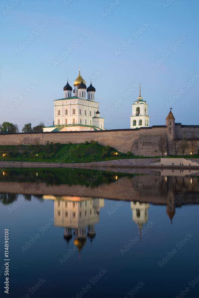 Trinity Cathedral and its reflection in the river is Great in the may twilight. Pskov, Russia