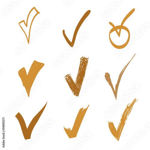 Set of vector doodle check on white background, hand drawn gold illustration for design